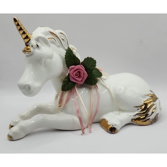Vintage Ceramic Unicorn w/ Pink and White Ribbon - Picture 1 of 8